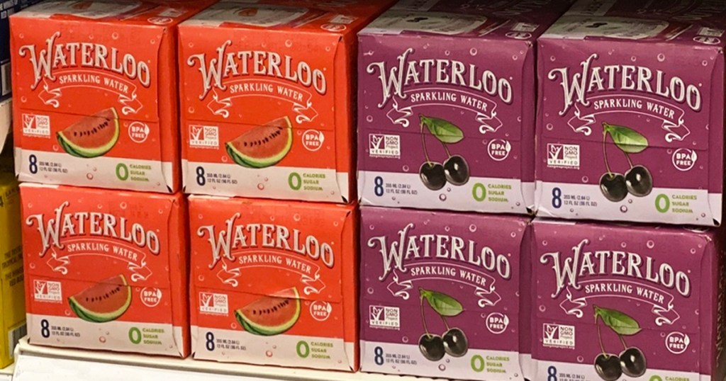 Waterloo Sparkling Water cases on store shelf
