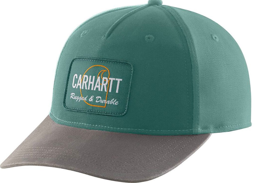 green carhartt hat with patch