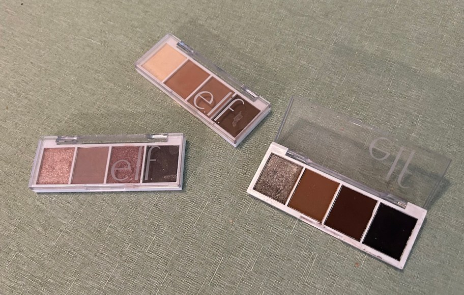 three sets of elf eyeshadow palettes on countertop