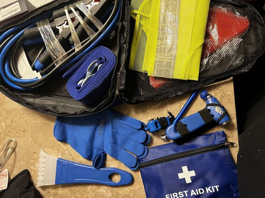 Roadside Car Emergency Kit contents on table