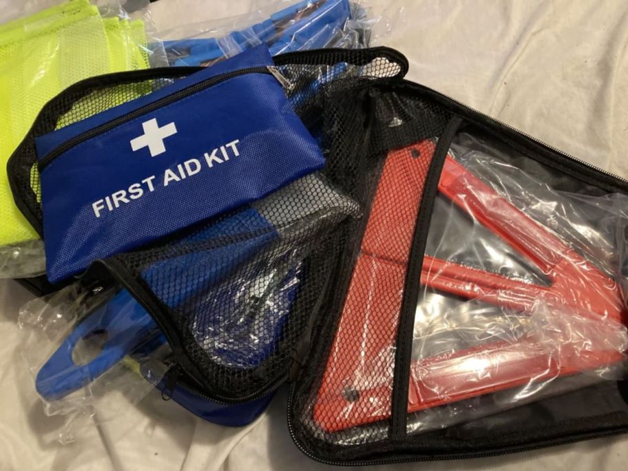 Roadside Car Emergency Kit opened up on table