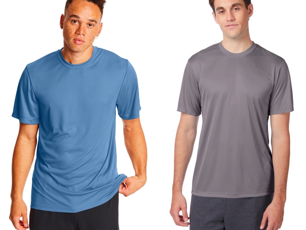 two men wearing blue and gray tees