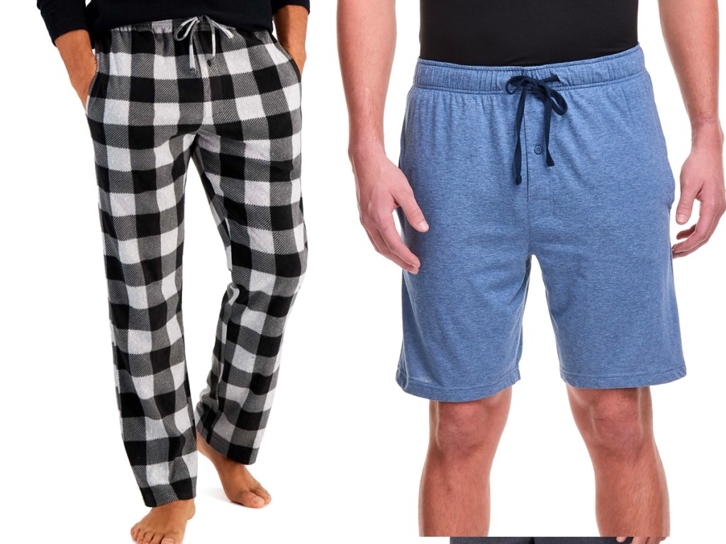 men wearing black and checkered pajama pants and man wearing blue pajama shorts