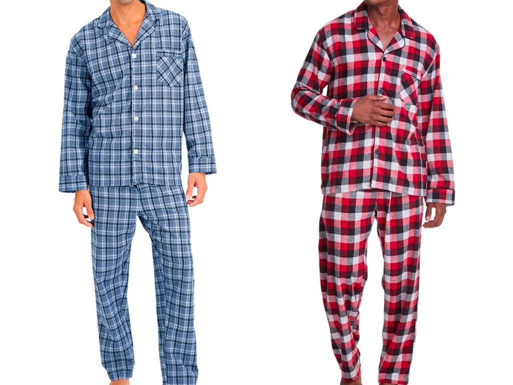 two men wearing blue and red pajama sets