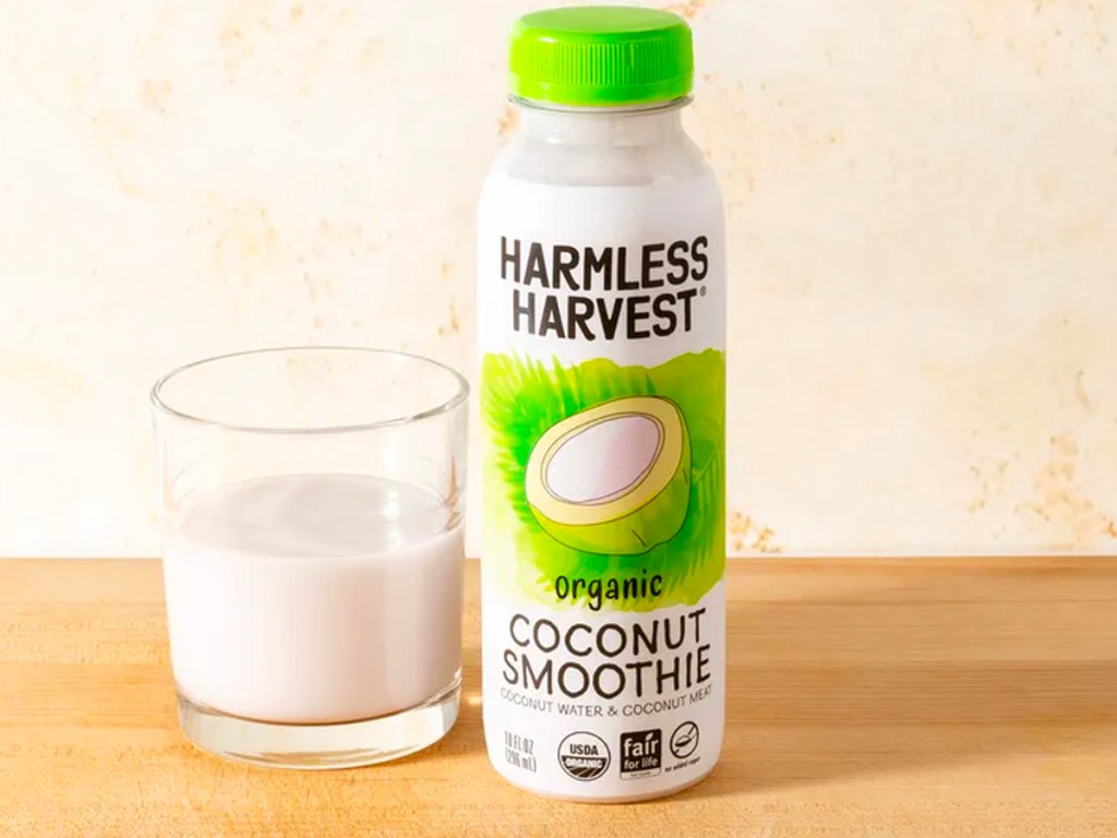harmless harvest coconut smoothie on counter 