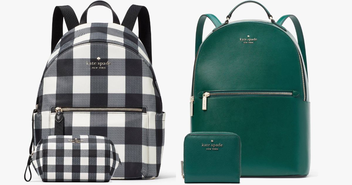 kate spade white and black plaid backpack and matching cosmetics bag and green backpack and matching wallet