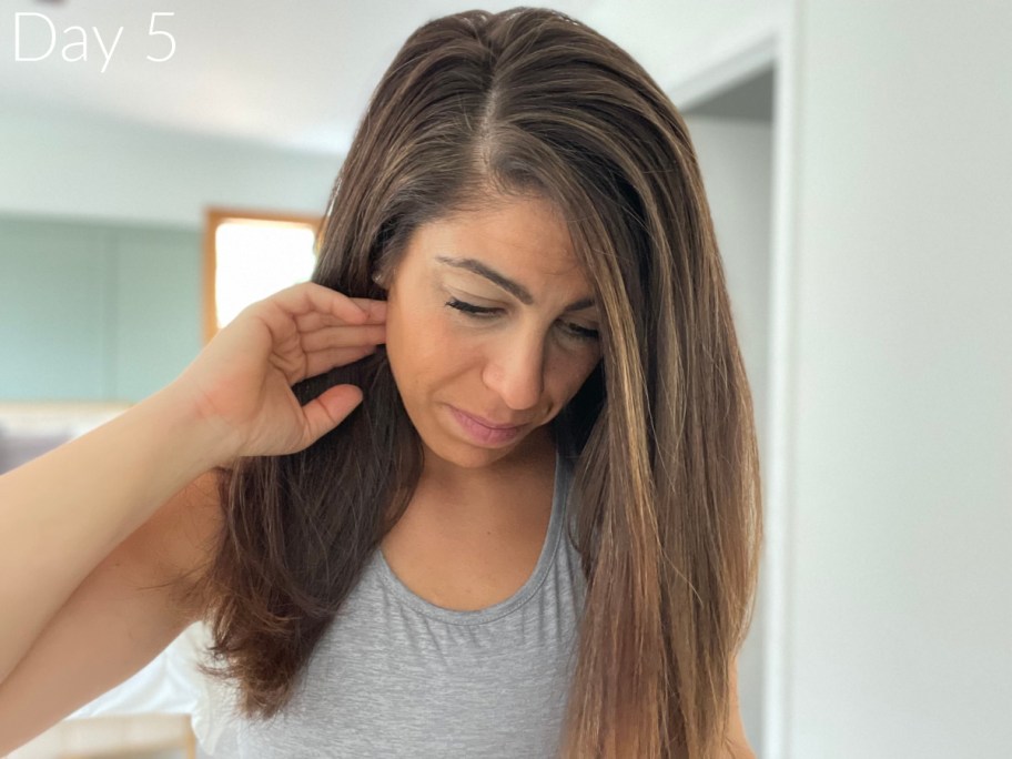 woman showing top of hair during no poo challenge