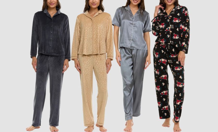 4 models wearing 2 piece pajama sets
