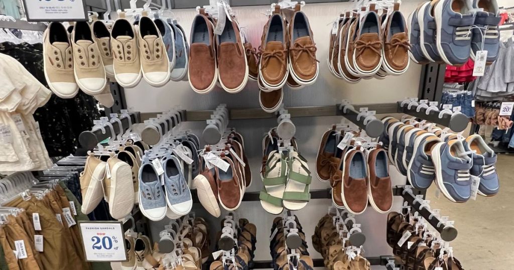 old navy shoes and sandals hanging in store