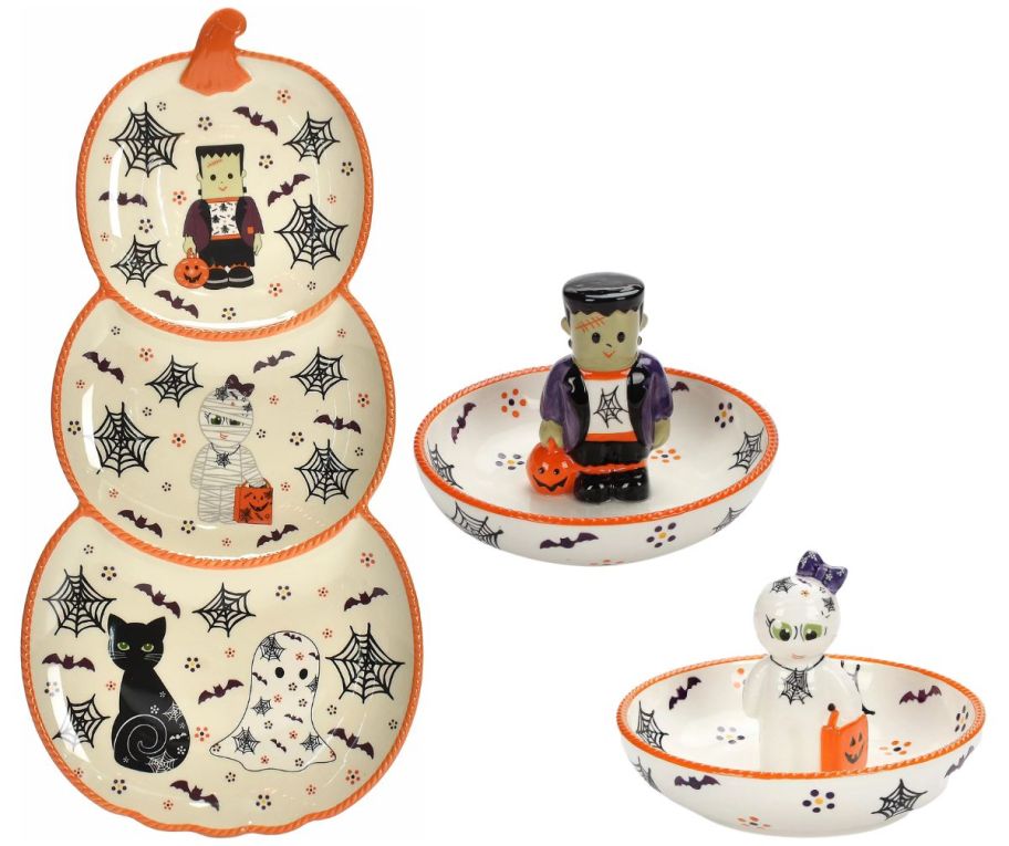 a pumpkin platter and candy dishes