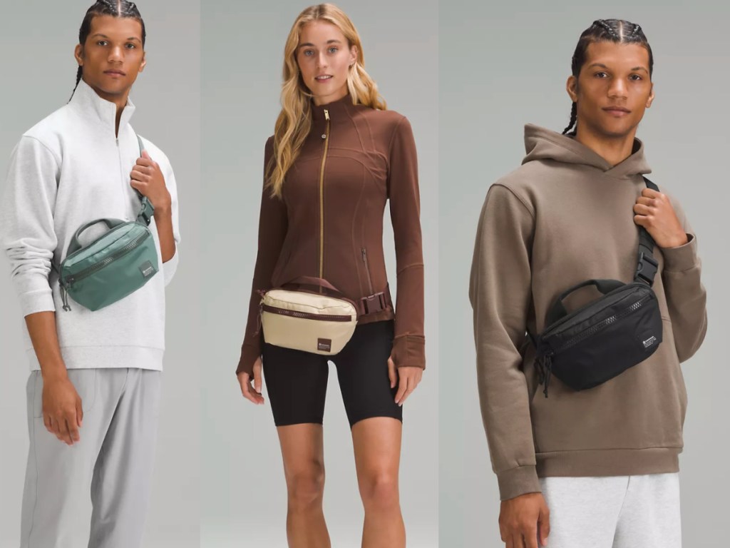 three stock images of models wearing new Lululemon belt bags