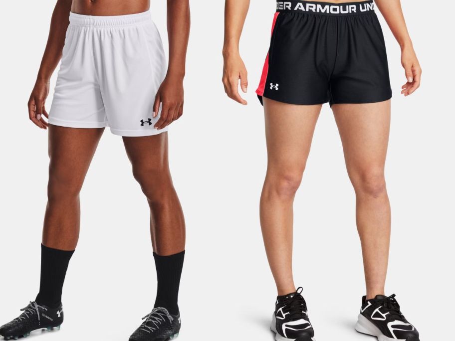 two women wearing under armour shorts