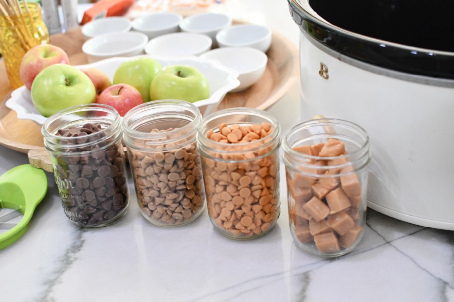 various baking chips in mason jars