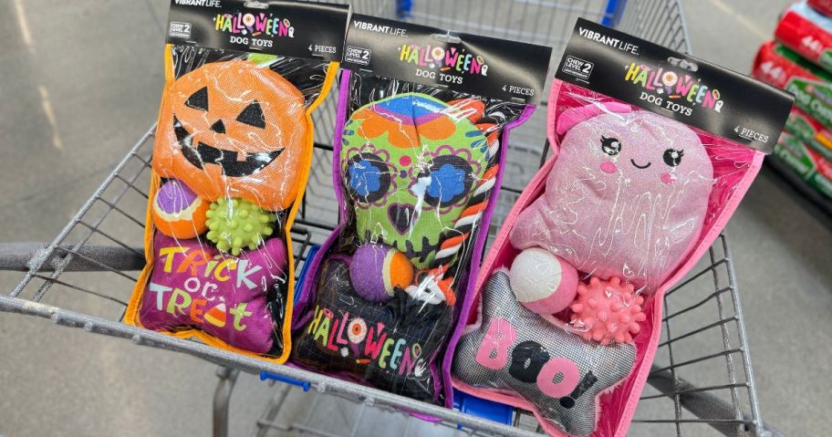 halloween dog toys in cart in store