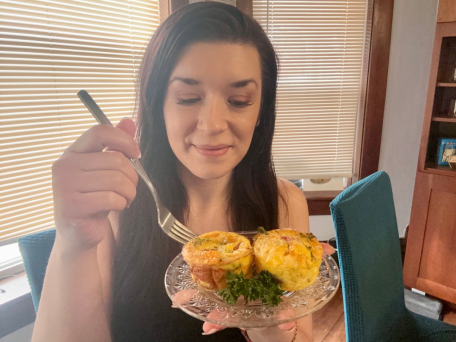 woman looking down at egg bites