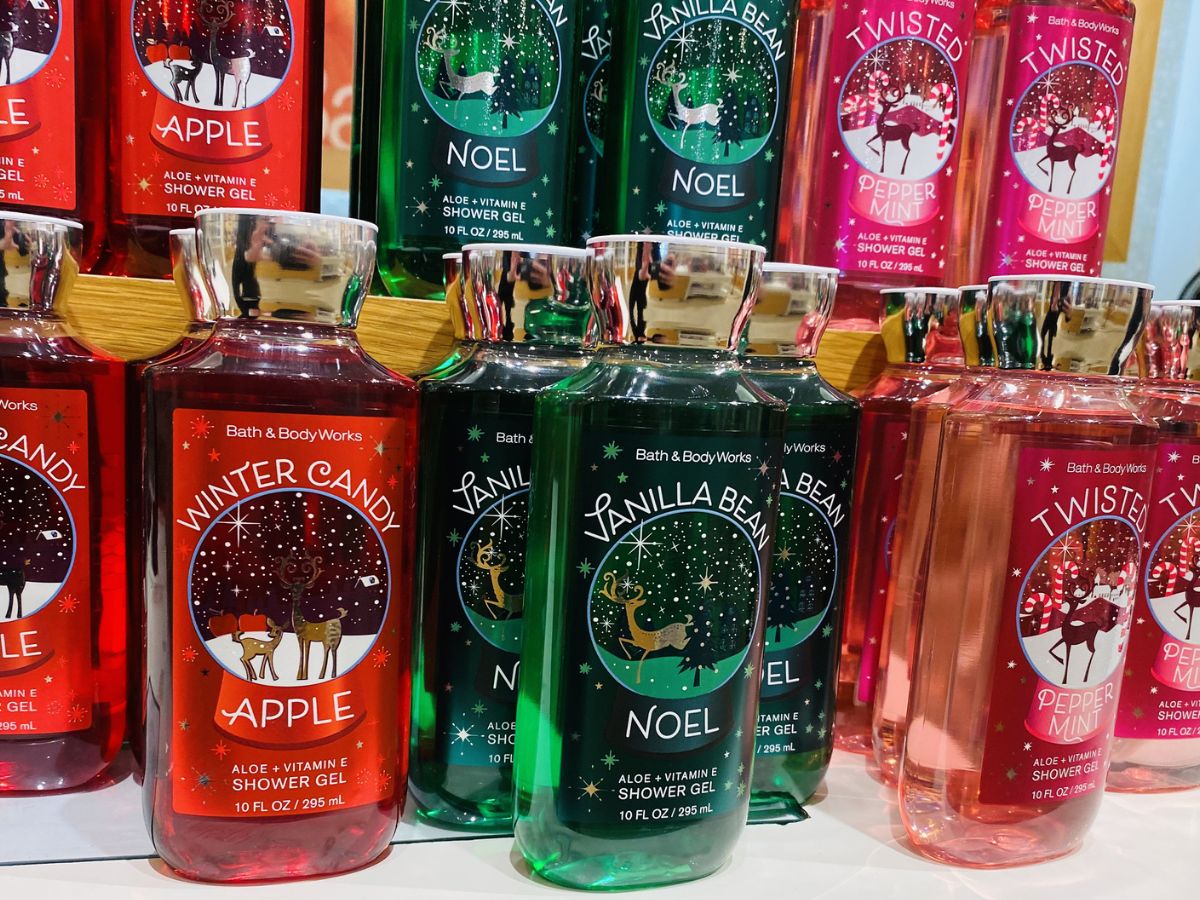 Bottles of Bath & Body Works Holiday Shower Gels