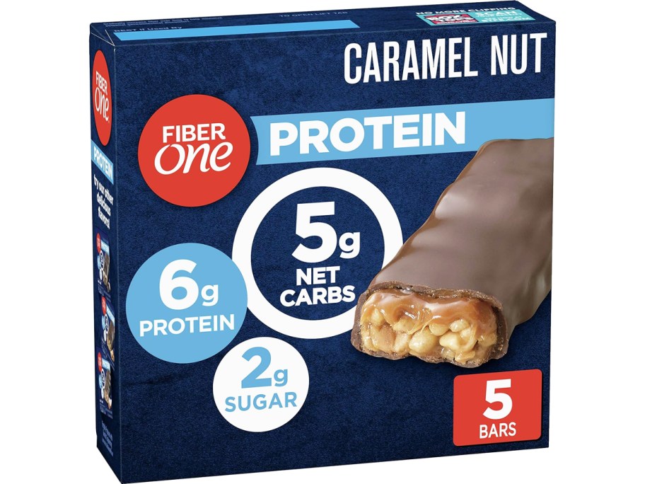 box of Fiber One Chewy Protein Bars in caramel nut flavor