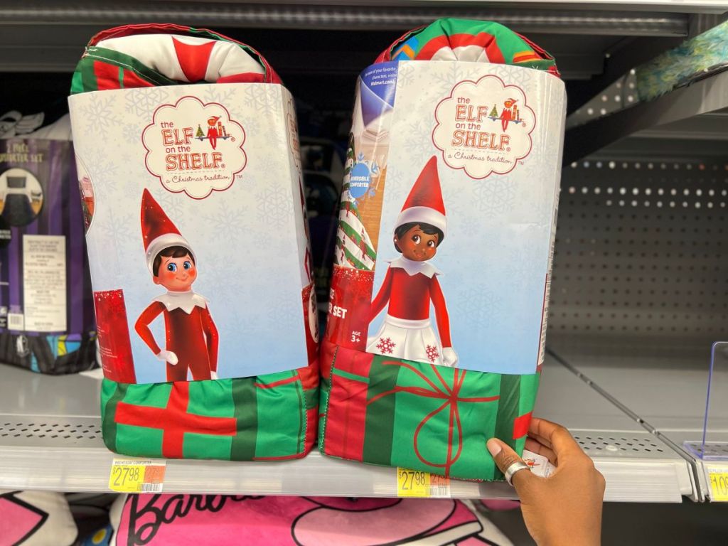 Elf on the Shelf Reversible Comforter & Pillowcase Set on shelf at Walmart