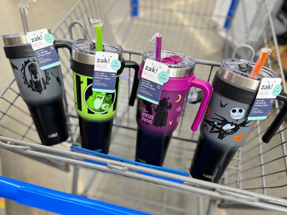 Wednesday Adams, Beetlejuice, Hocus Pocus, and Nightmare Before Christmas Zak! Designs large stainless steel tumblers in a Walmart cart