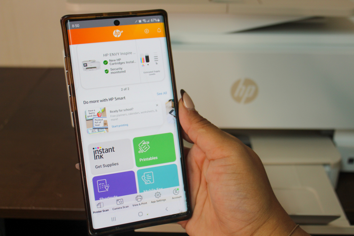 The HP Envy Printer app shown on a mobile phone