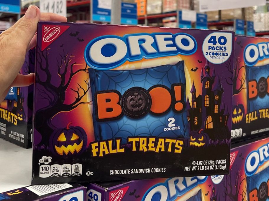 A box of OREO Fall Treats Orange Creme Sandwich Cookies 2-pack Bags