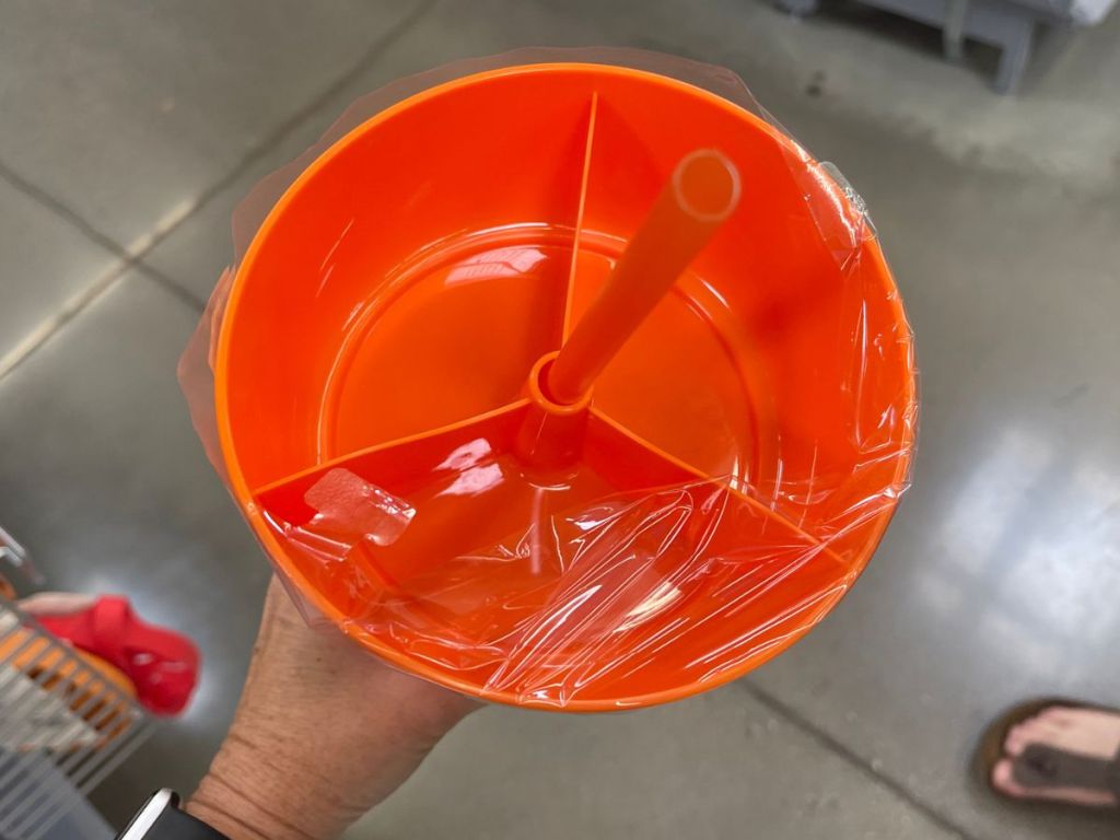 Top view of the divided bowl top of a Halloween Stadium Tumbler from Walmart