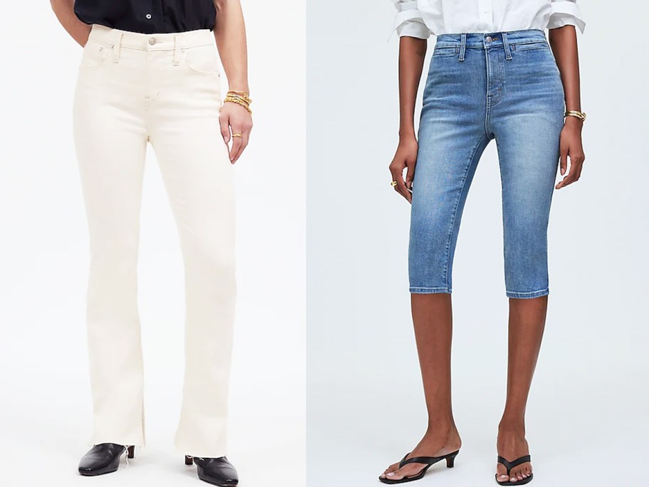 two women modeling white jeans and denim capris