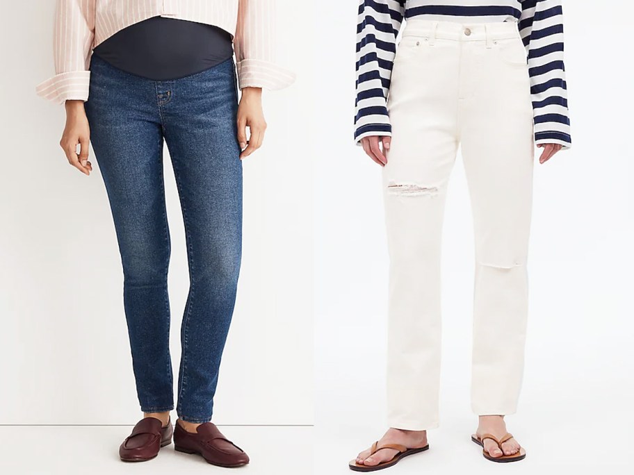 two women modeling dark wash and white jeans