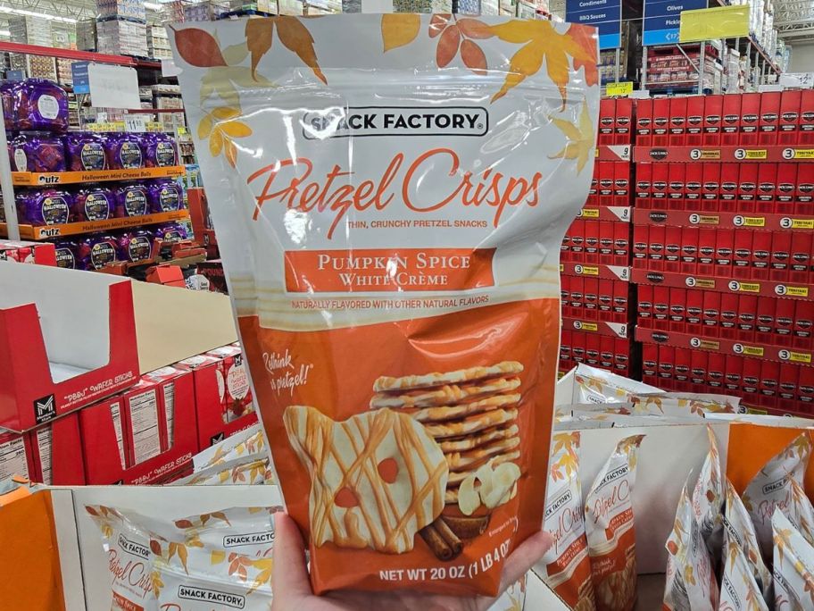 A bag of Snack Factory Pumpkin Spice White Creme Pretzel Crisps 