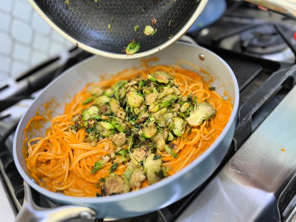 adding cooked Brussels sprouts 