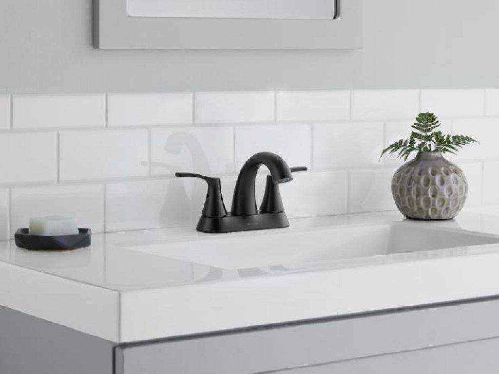 black faucet displayed in a bathroom vanity with a plant and soap next to it