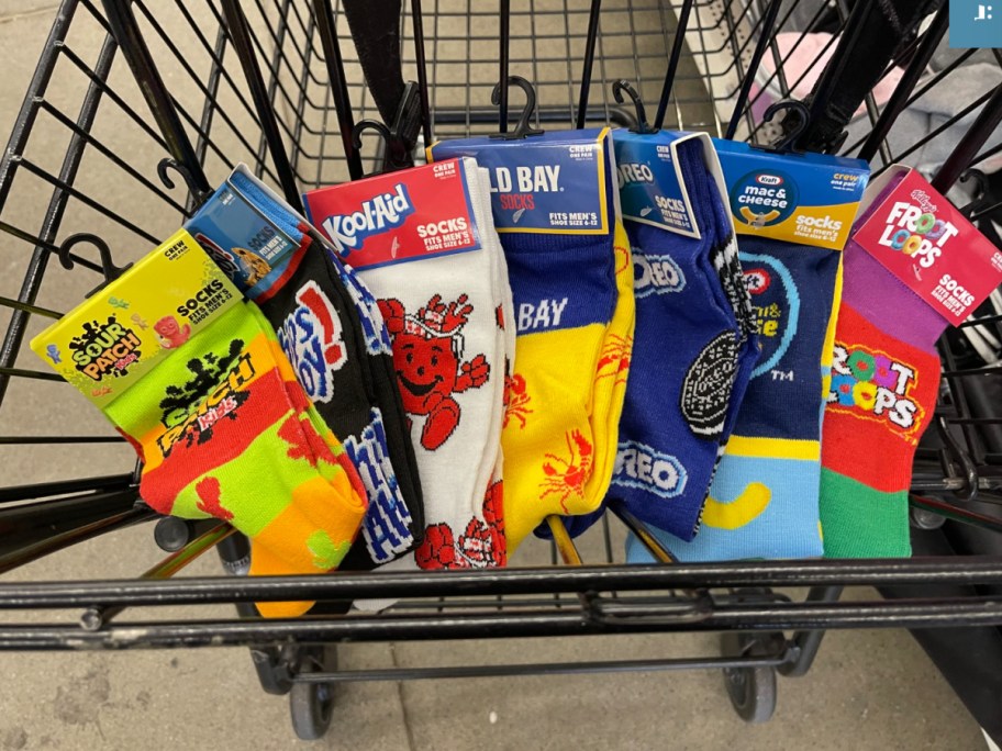 dollar tree novelty socks displayed in cart