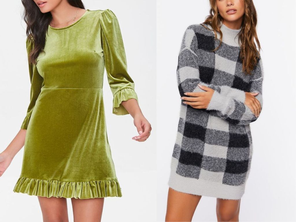 woman wearing green velvet dress and woman wearing buffalo plaid sweater dress