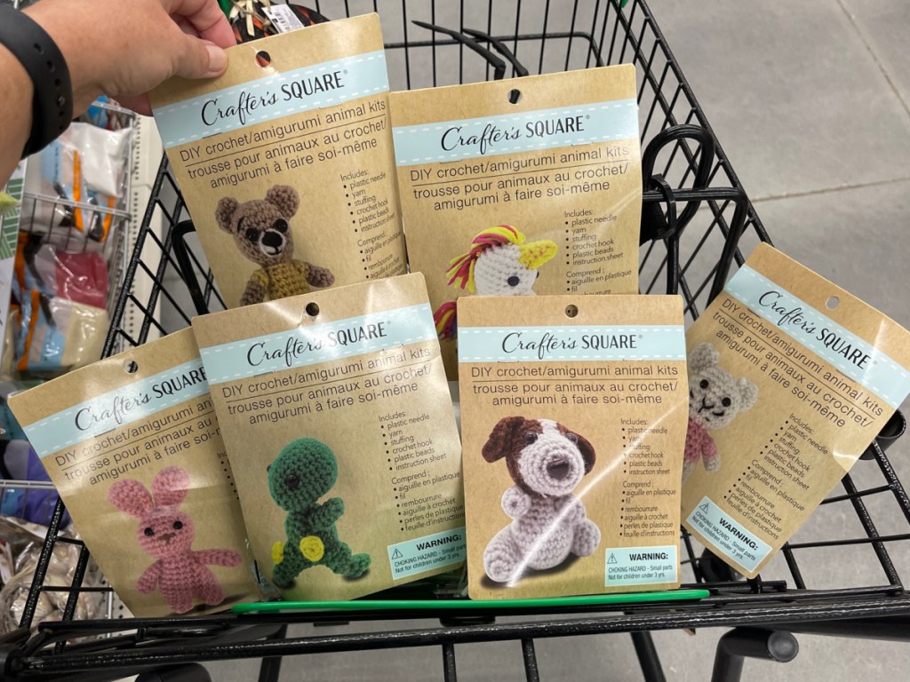 hand showing crochet DIY products from dollar tree