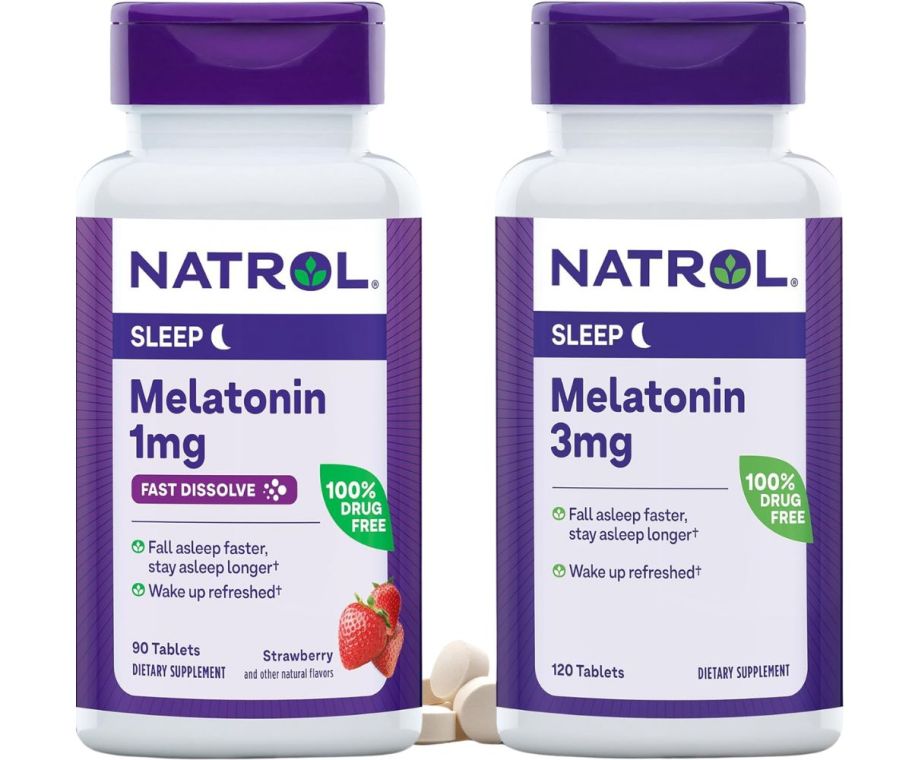 two bottles of natrol melatonin in different strengths