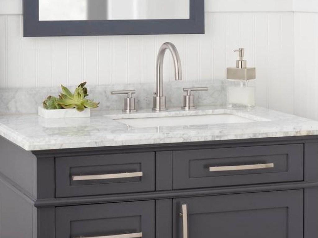 nickel finish faucet with soap and plant next to it