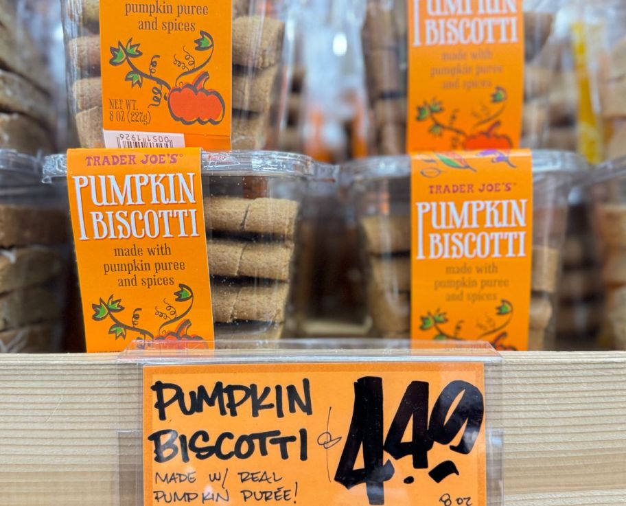 containers of pumpkin-spiced biscotti on a store shelf