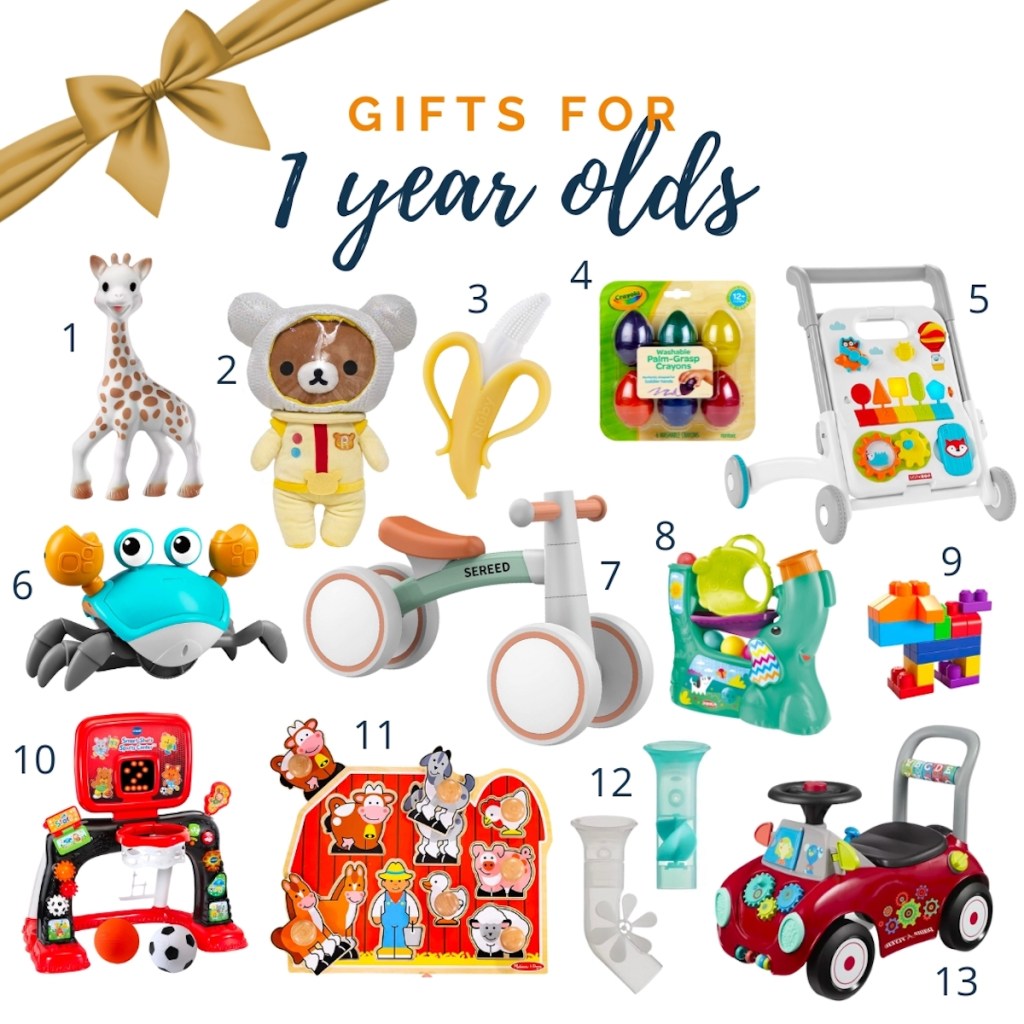 collage of gifts for one year olds