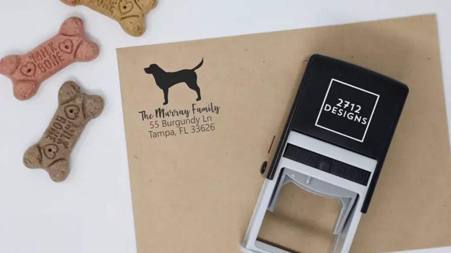 dog stamp on envelope with dog treats