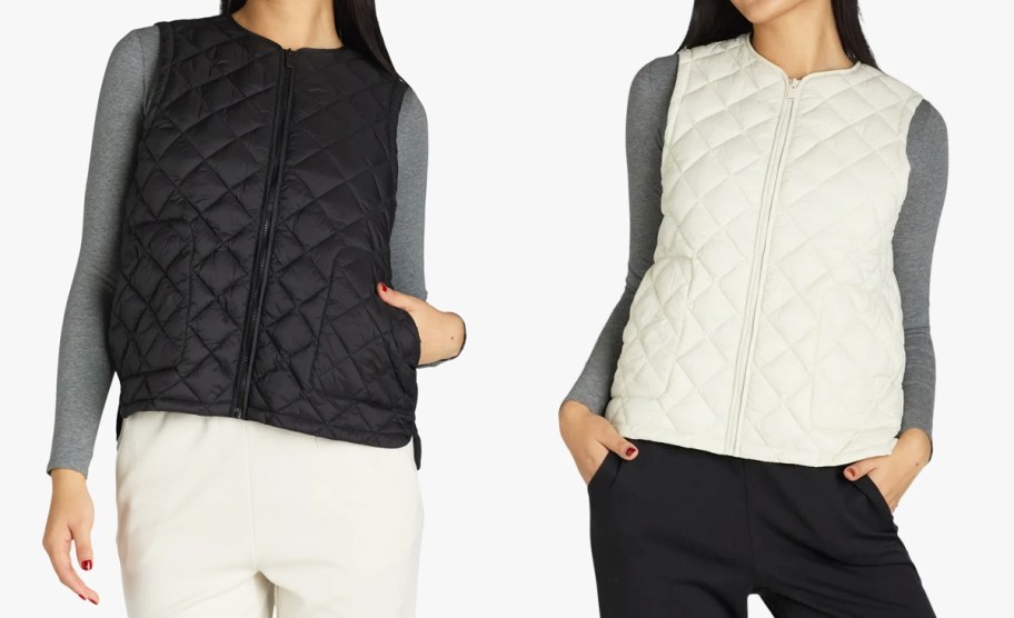 women in black and white quilted vests