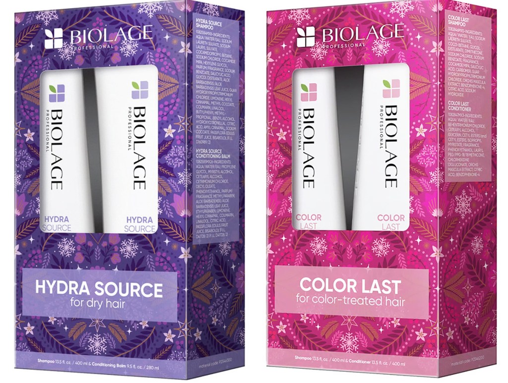 purple and pink biolage gift sets