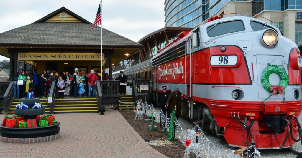 Branson polar express train surrounded by Christmas decorations