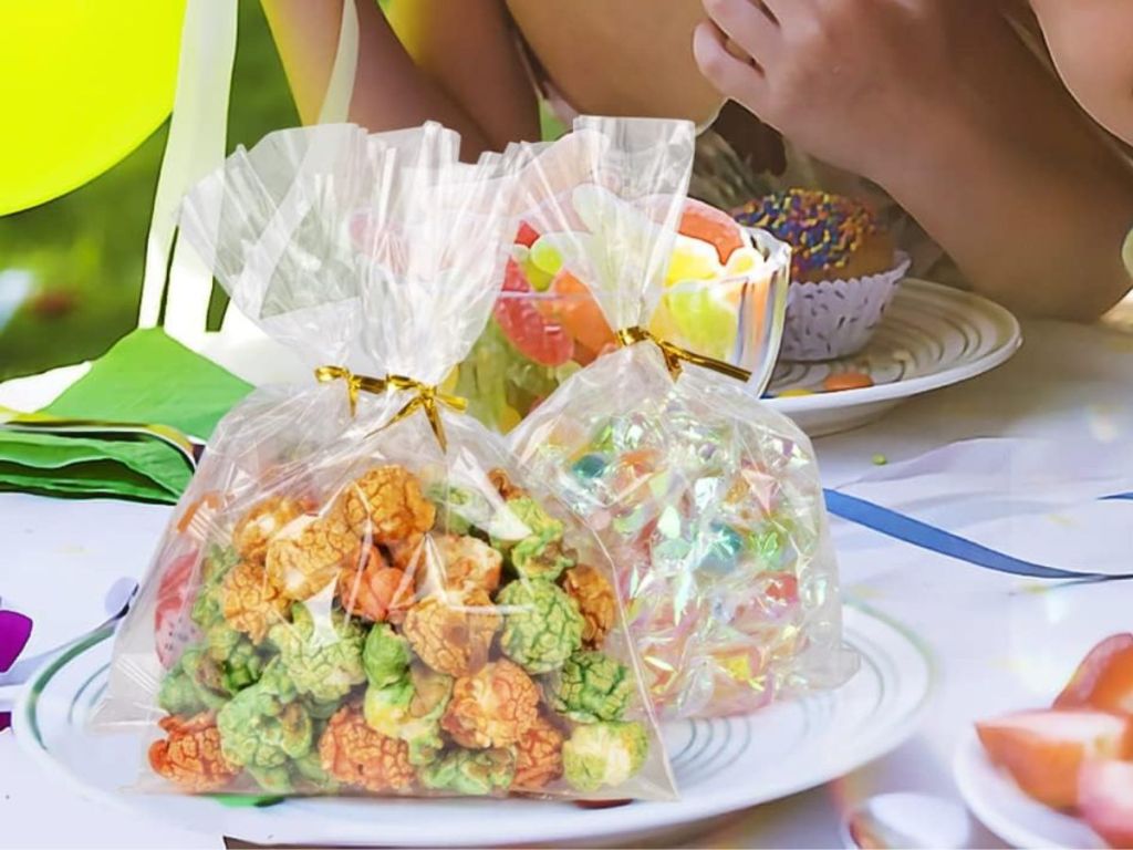Cellophane Bags filled with popcorn on a counter