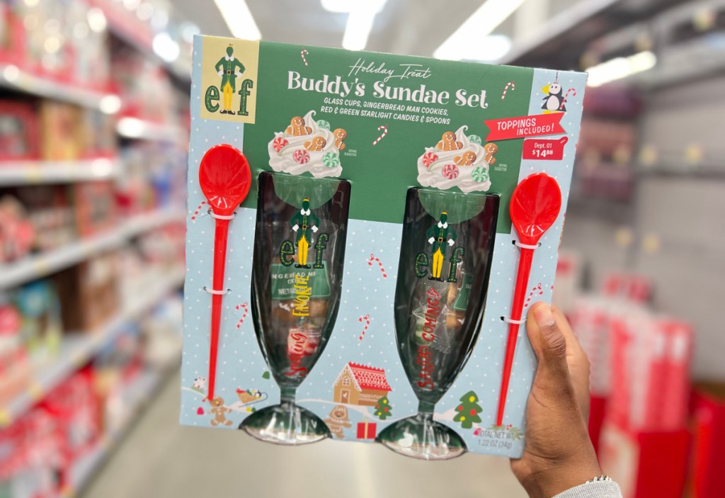 Hand holding up Buddy's Sundae Set Walmart Holiday Treats from the movie Elf