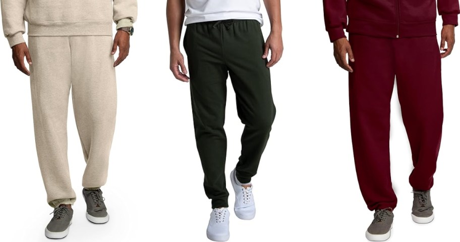 3 men's legs wearing different colors of fleece jogger style pants