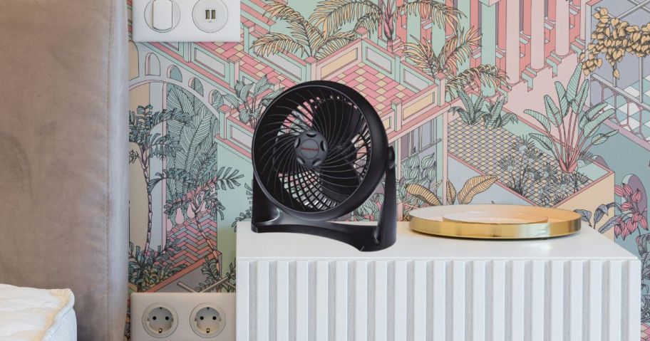 Honeywell Super Turbo Three-Speed Black High-Performance Fan on nightstand