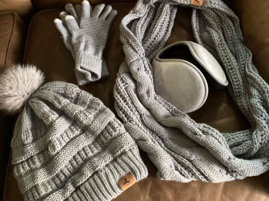 A gray hat and glove set