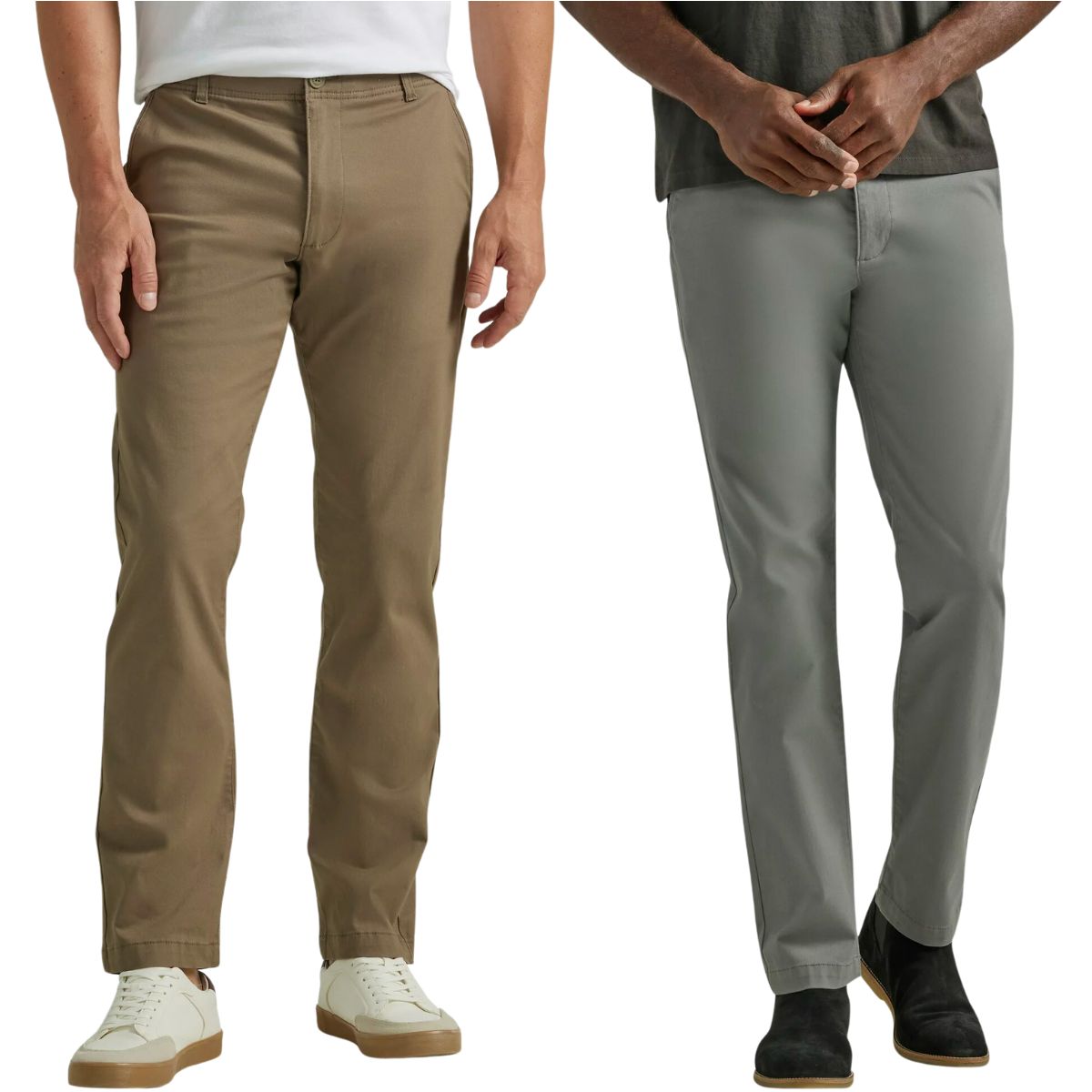 two male models wearing Lee Men's Flat Front Chino with Motion Flex Waistband new breen and hd gray