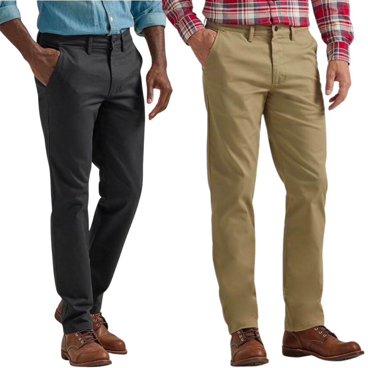 two male models wearing Lee Men's Flat Front Slim Straight Pant in black and khaki