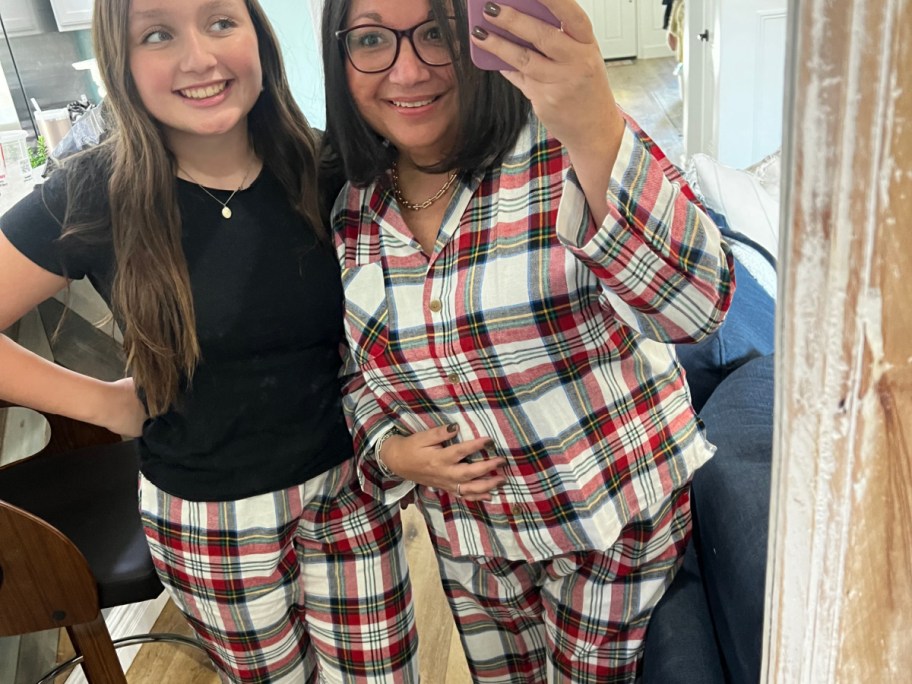 mother & daughter in old navy plaid pajamas